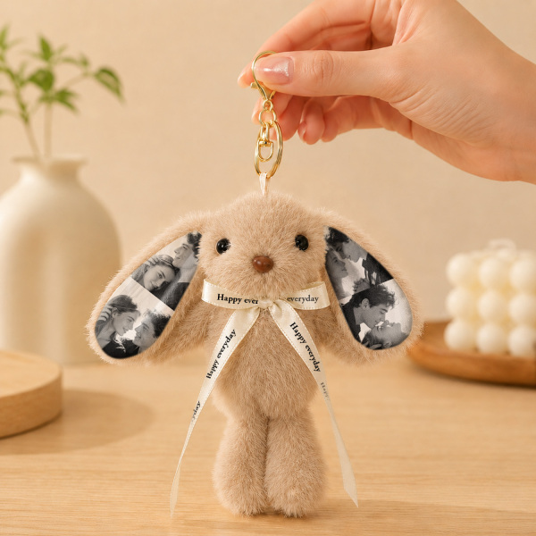 Custom Photo Bunny Plush Keychain – Personalized Cute Rabbit Bag Charm with Photo Ears & Ribbon Gift - Photowatch