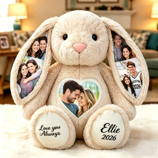 Custom Heart Photo Bunny Plush – Personalized Hidden Ear Picture Bunny Custom Text Anniversary Gift for Couples - Photowatch