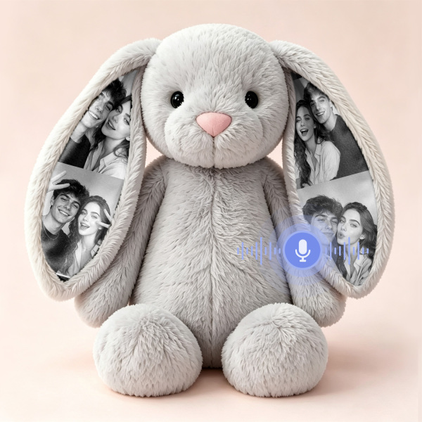 Personalized Voice Recording Bunny Plush – Custom Photo Hidden Ear Rabbit, Recordable Message Stuffed Animal, Unique Anniversary Gift for Couples