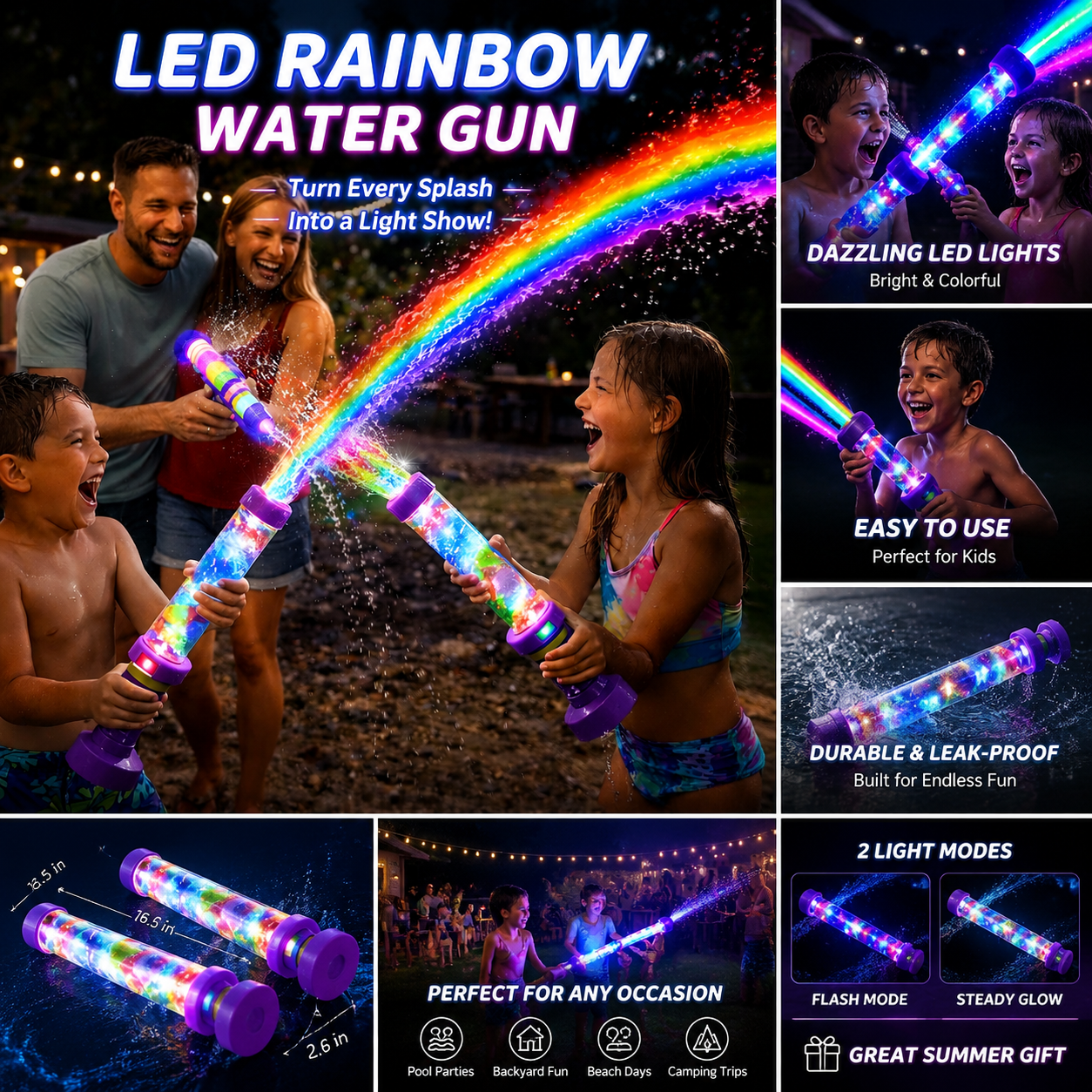 Rainbow Water Spray Blaster🌈 Fun Outdoor Stress Relief & Social Play Water Blaster Turn Every Backyard Into a Rainbow Light Show