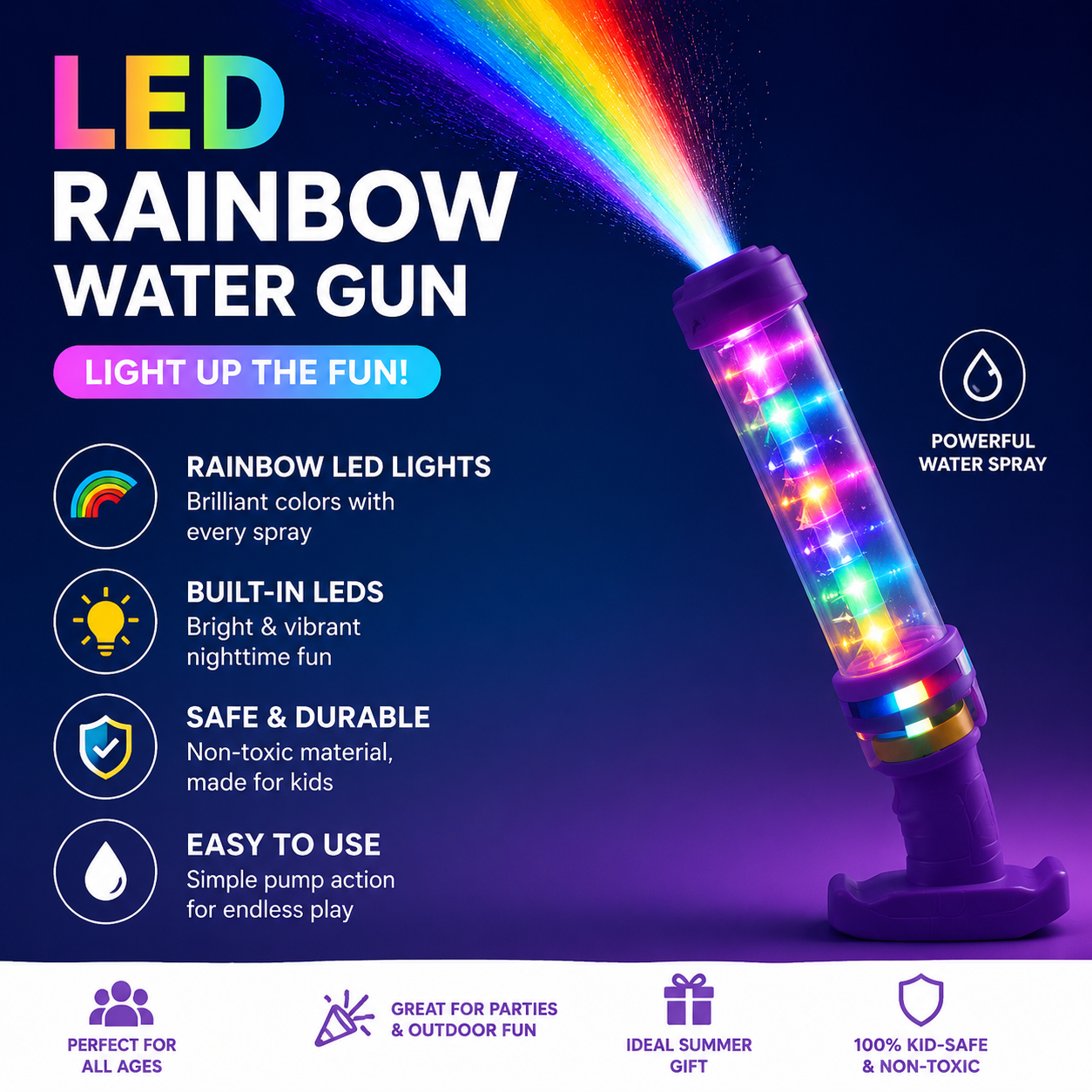 Rainbow Water Spray Blaster🌈 Fun Outdoor Stress Relief & Social Play Water Blaster Turn Every Backyard Into a Rainbow Light Show