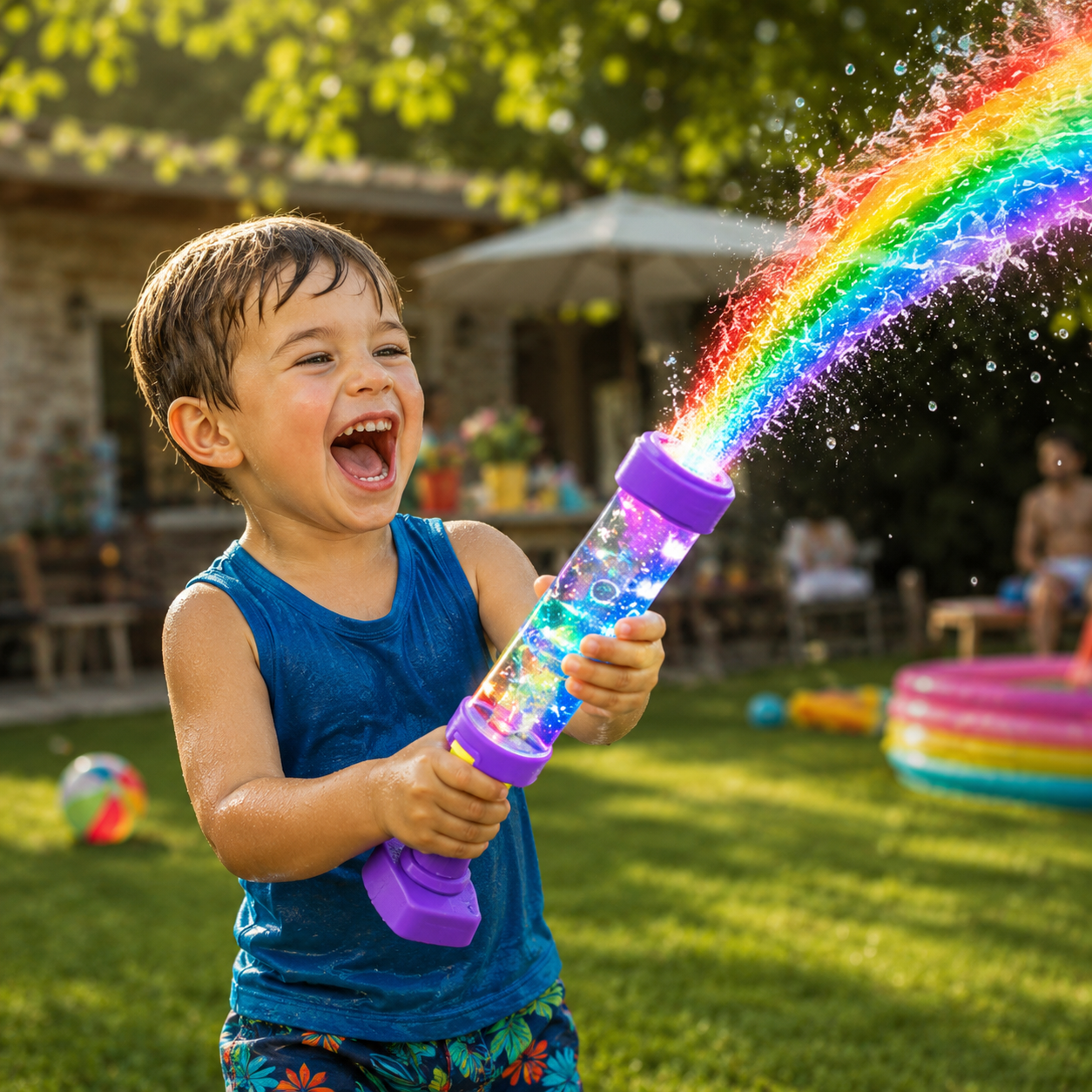 Rainbow Water Spray Blaster🌈 Fun Outdoor Stress Relief & Social Play Water Blaster Turn Every Backyard Into a Rainbow Light Show
