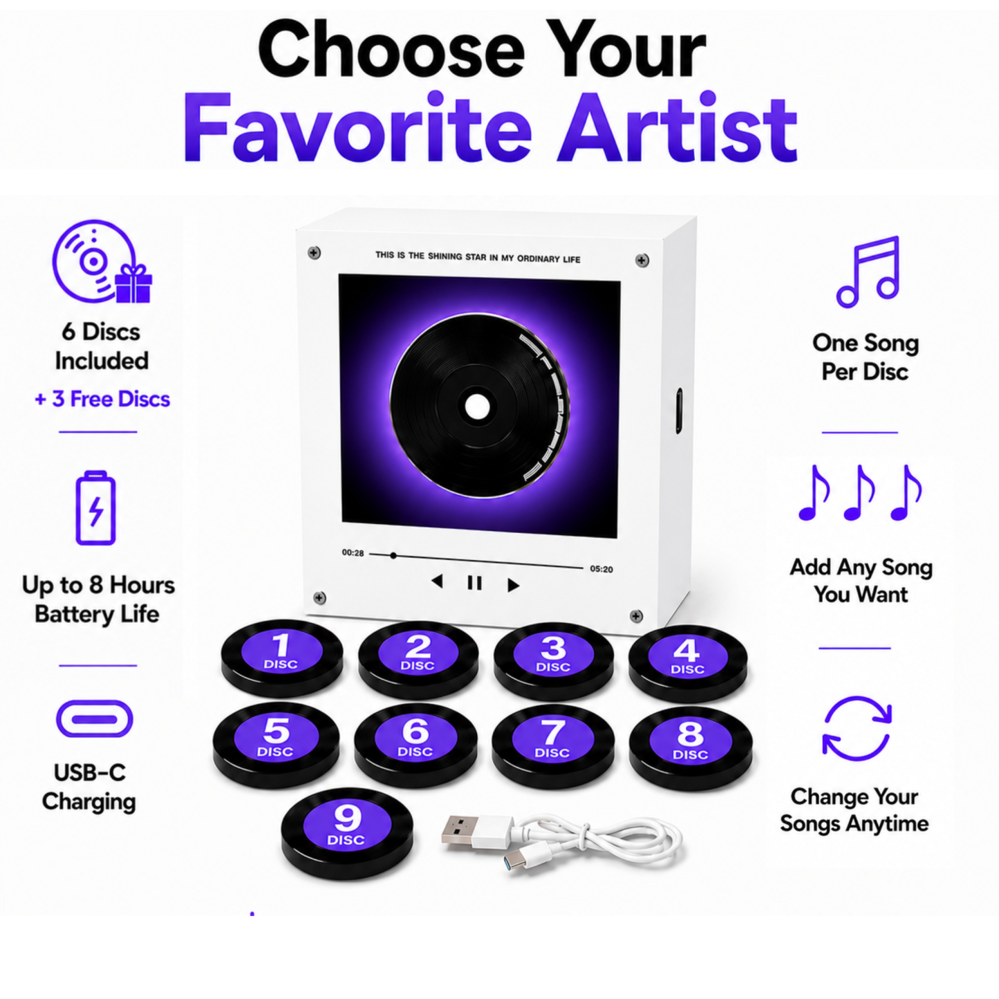 Custom Mini Vinyl Record Music Player With 9 Discs,  Magnetic Disc Music Player with Rechargeable Battery