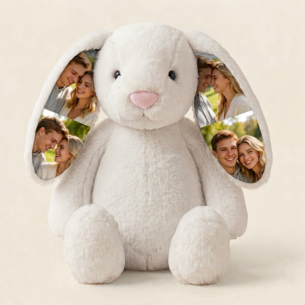 Custom Photo Couple Bunny Plush Personalized Hidden Ear Picture Bunny Gift for Couples Anniversary Gifts - Photowatch