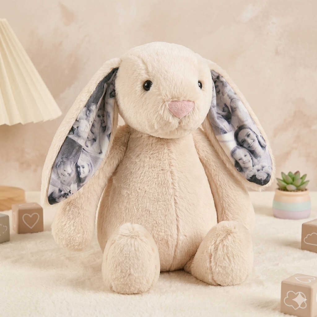Custom Photo Bunny Plush – Personalized Hidden Ear Picture Bunny Gift for Couples  Anniversary Mother's Day Gifts