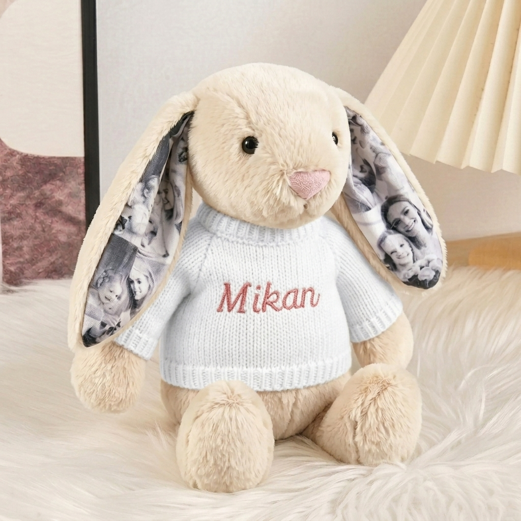 Custom Photo Couple Bunny Plush Personalized Hidden Ear Picture Bunny Gift for Couples Anniversary Gifts - Photowatch