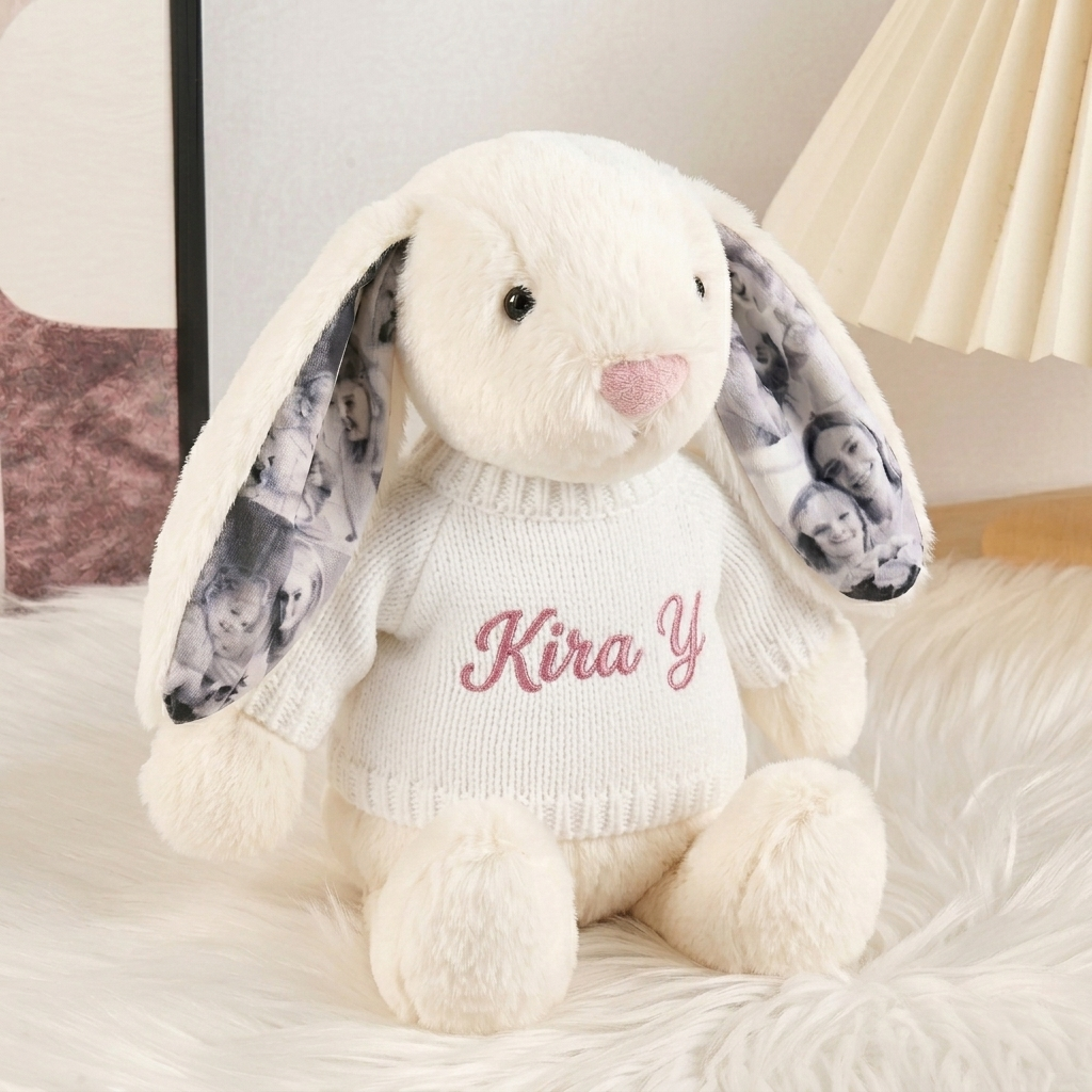 Custom Photo Couple Bunny Plush Personalized Hidden Ear Picture Bunny Gift for Couples Anniversary Gifts - Photowatch