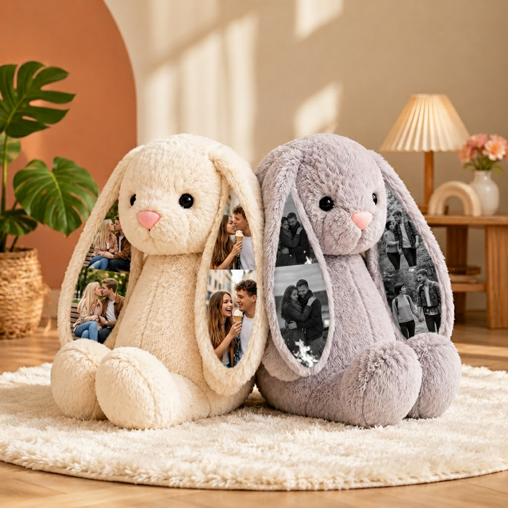 Custom Photo Couple Bunny Plush Personalized Hidden Ear Picture Bunny Gift for Couples Anniversary Gifts - Photowatch