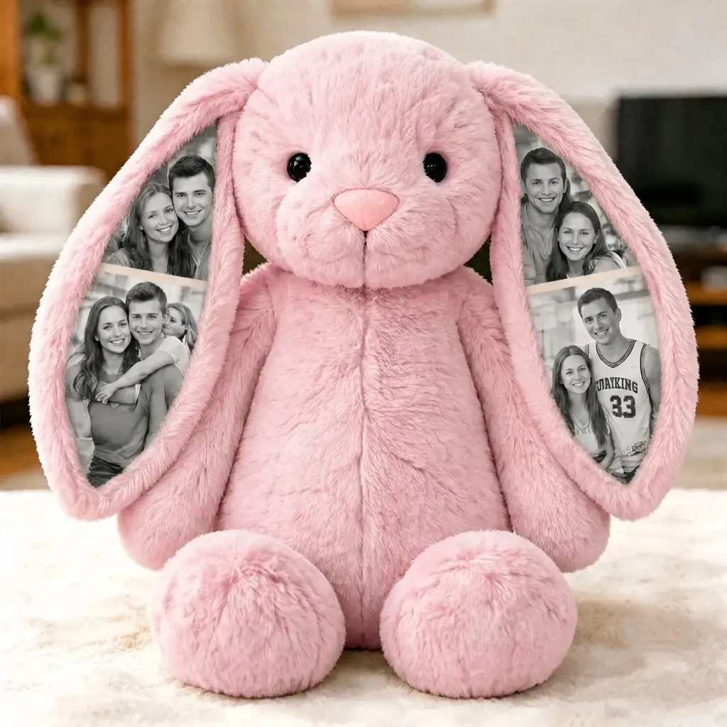 Custom Photo Couple Bunny Plush Personalized Hidden Ear Picture Bunny Gift for Couples Anniversary Gifts - Photowatch