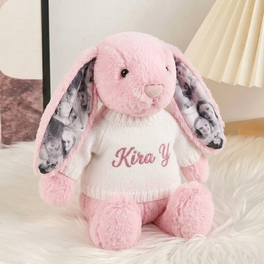 Custom Photo Couple Bunny Plush Personalized Hidden Ear Picture Bunny Gift for Couples Anniversary Gifts - Photowatch