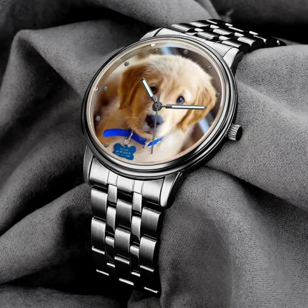 Men's Engraved Photo Watch With Luminous Pointer Black Alloy Bracelet 38mm - photowatch