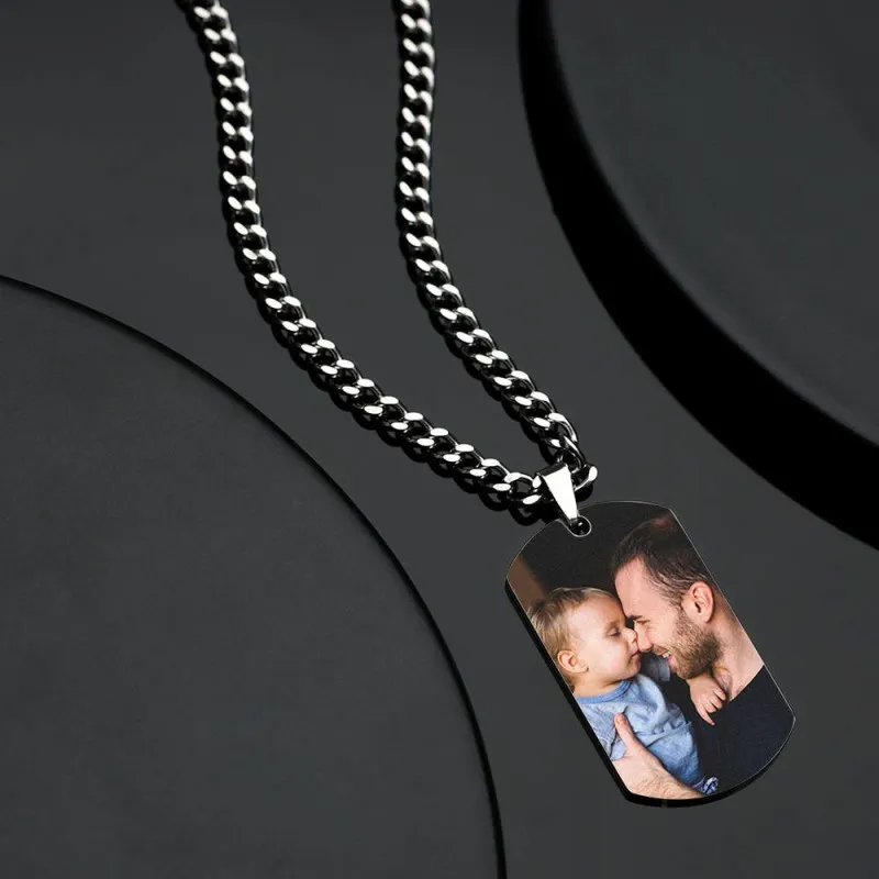 Father's Day Gifts Men's Photo Tag Necklace With Engraving Stainless Steel - photowatch
