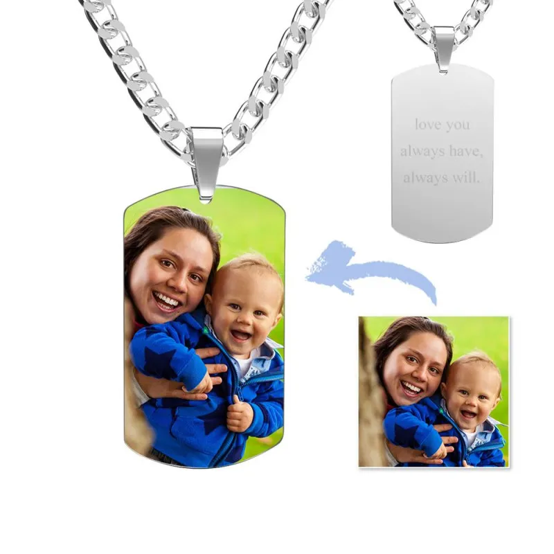 Father's Day Gifts Men's Photo Tag Necklace With Engraving Stainless Steel - photowatch