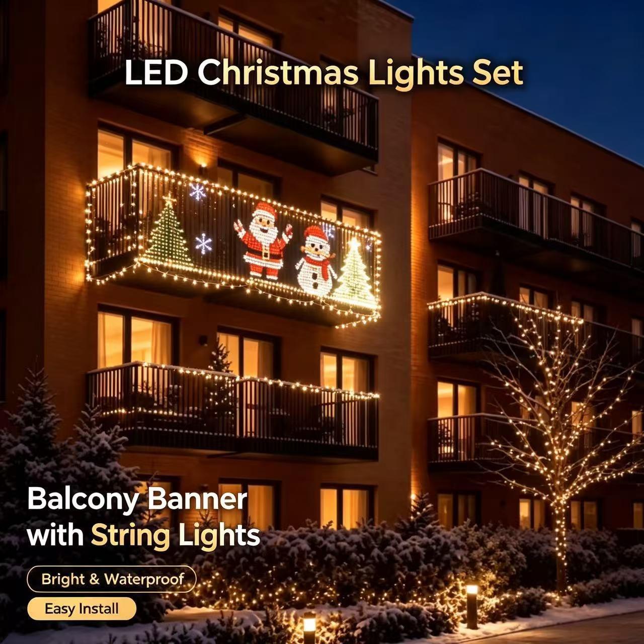 LED Christmas Balcony Lights with Festive Holiday Banner, Waterproof Outdoor String Light Set