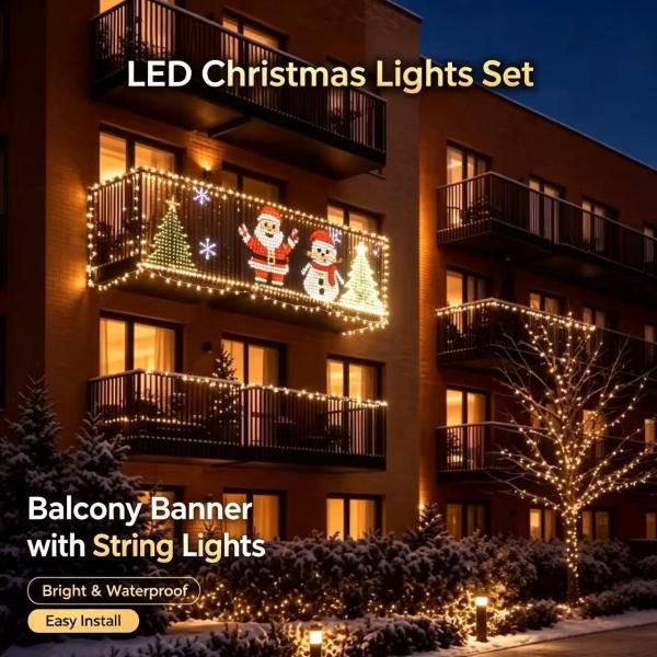 LED Christmas Balcony Lights with Festive Holiday Banner, Waterproof Outdoor String Light Set