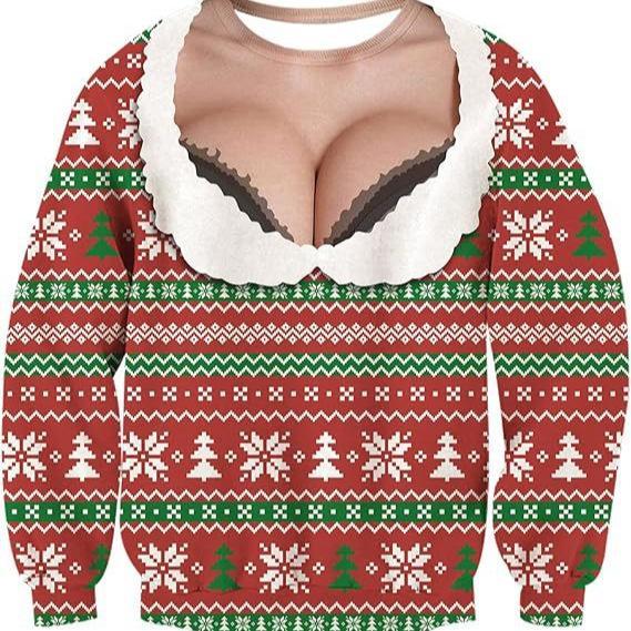 Funny Christmas Sweatshirt Fake Cleavage Print Novelty Holiday Pullover Funny Xmas Party Outfit