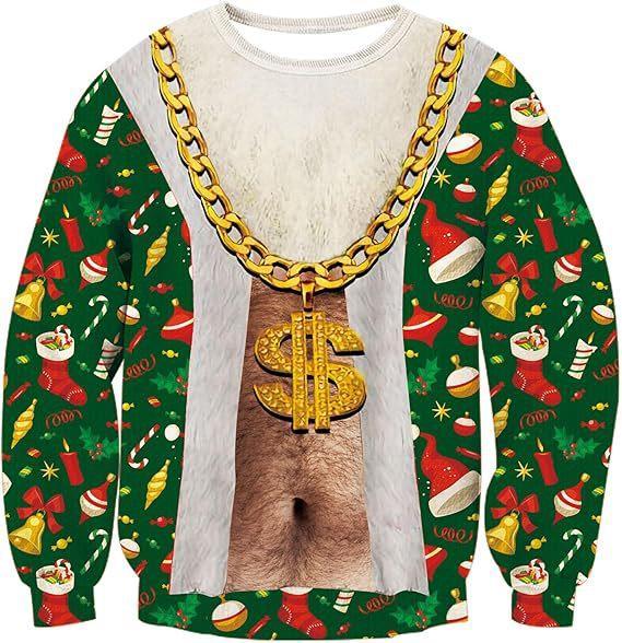 Funny Christmas Sweatshirt Fake Cleavage Print Novelty Holiday Pullover Funny Xmas Party Outfit