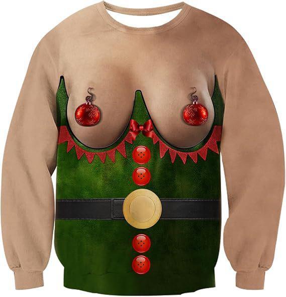 Funny Christmas Sweatshirt Fake Cleavage Print Novelty Holiday Pullover Funny Xmas Party Outfit
