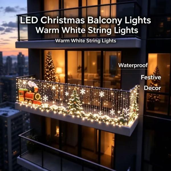LED Christmas Balcony Lights with Festive Holiday Banner, Waterproof Outdoor String Light Set
