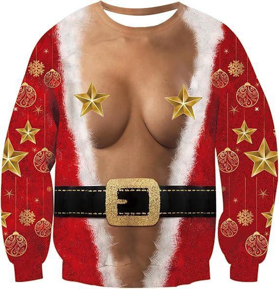 Funny Christmas Sweatshirt Fake Cleavage Print Novelty Holiday Pullover Funny Xmas Party Outfit