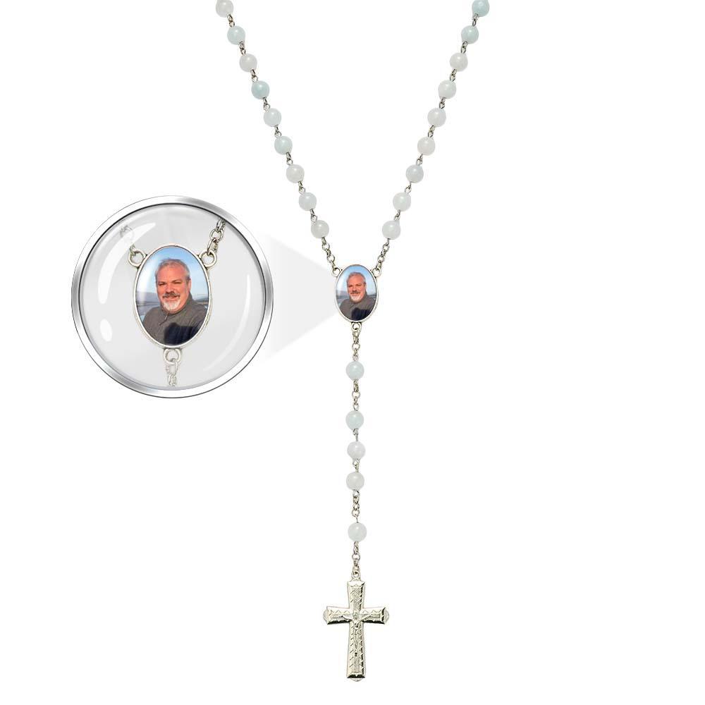 Custom Rosary Beads Cross Necklace Personalized White Acrylic Luminous Beads Necklace with Photo - Myphotowallet