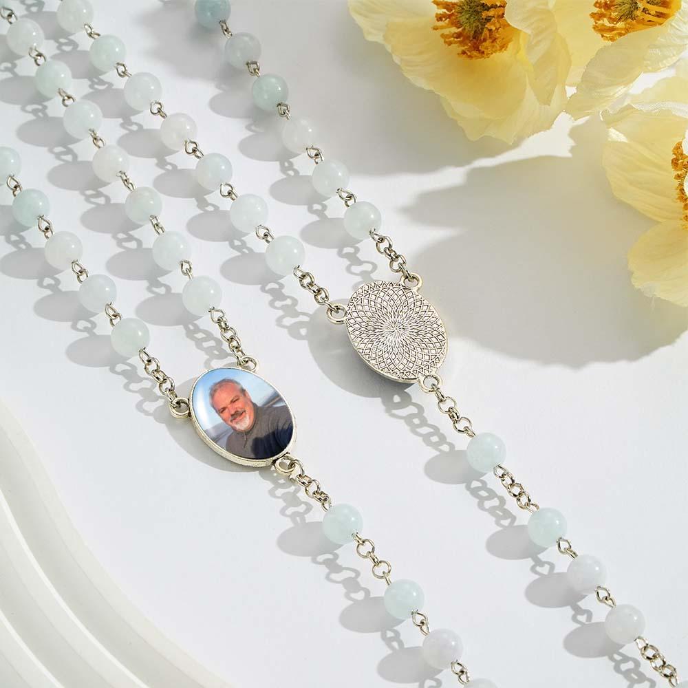 Custom Rosary Beads Cross Necklace Personalized White Acrylic Luminous Beads Necklace with Photo - Myphotowallet