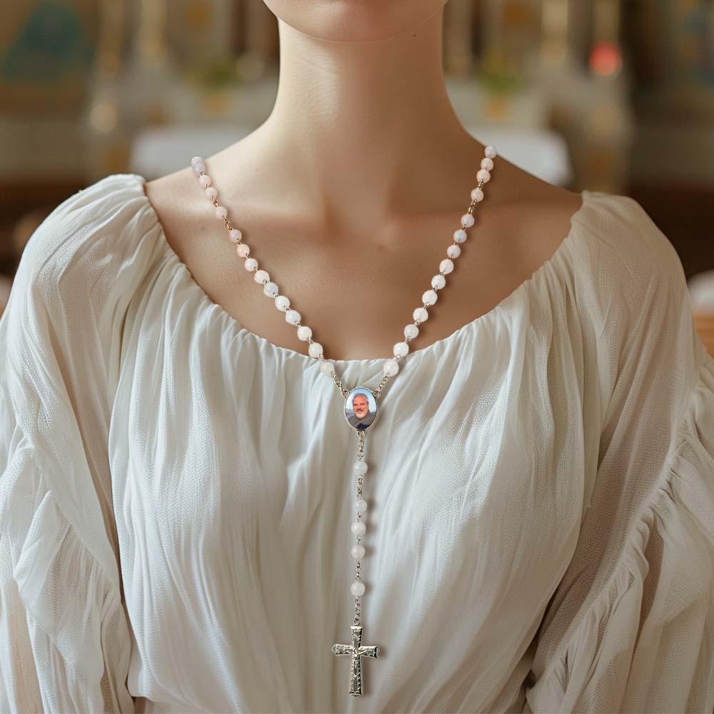 Custom Rosary Beads Cross Necklace Personalized White Acrylic Luminous Beads Necklace with Photo - Myphotowallet