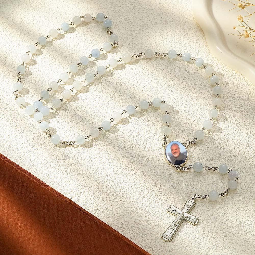Custom Rosary Beads Cross Necklace Personalized White Acrylic Luminous Beads Necklace with Photo - Myphotowallet
