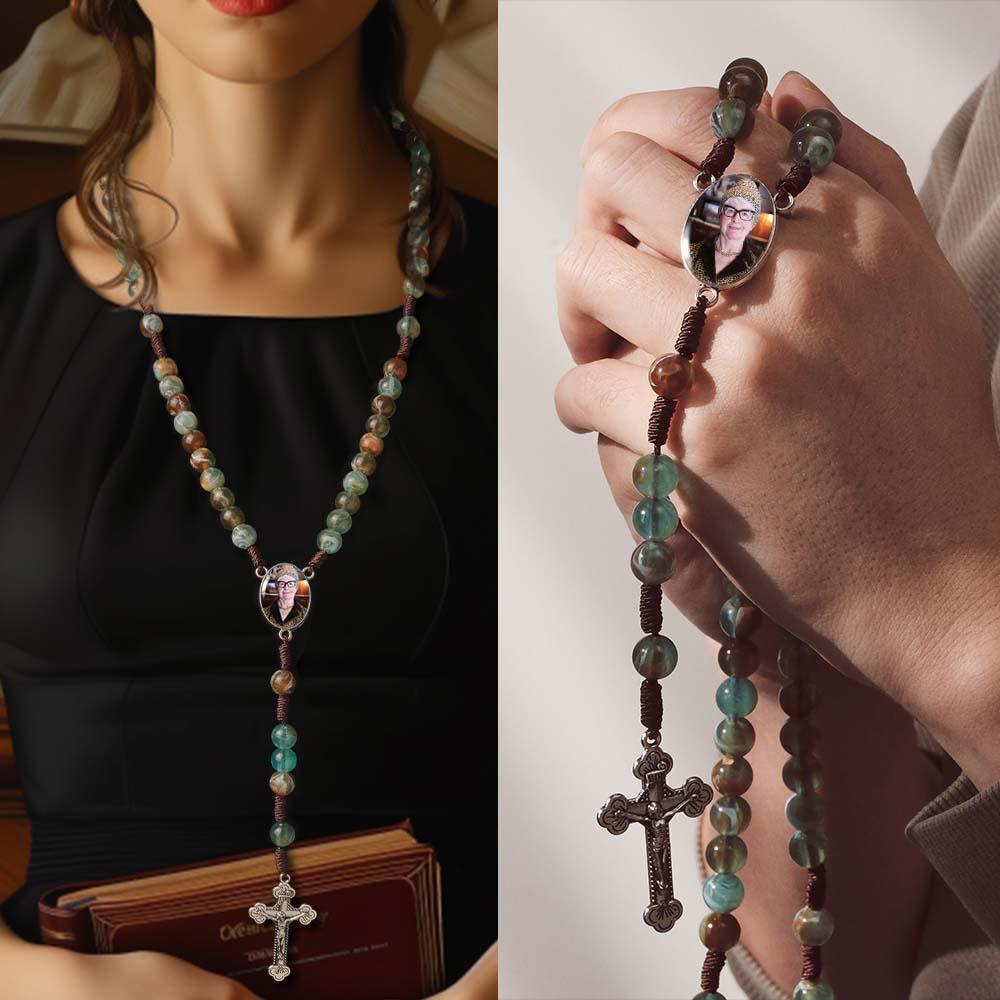 Custom Rosary Beads Cross Necklace Personalized Imitation Agate Round Beads Necklace with Photo - Myphotowallet