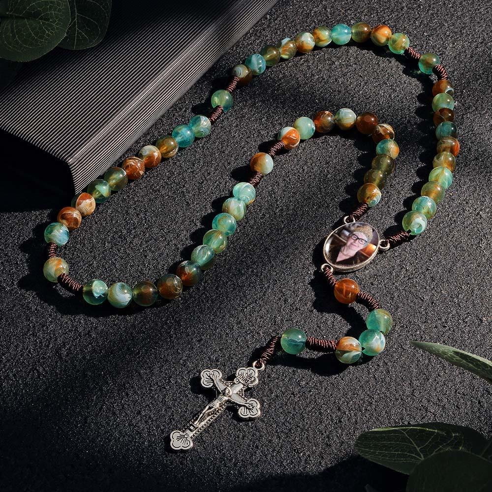 Custom Rosary Beads Cross Necklace Personalized Imitation Agate Round Beads Necklace with Photo - Myphotowallet
