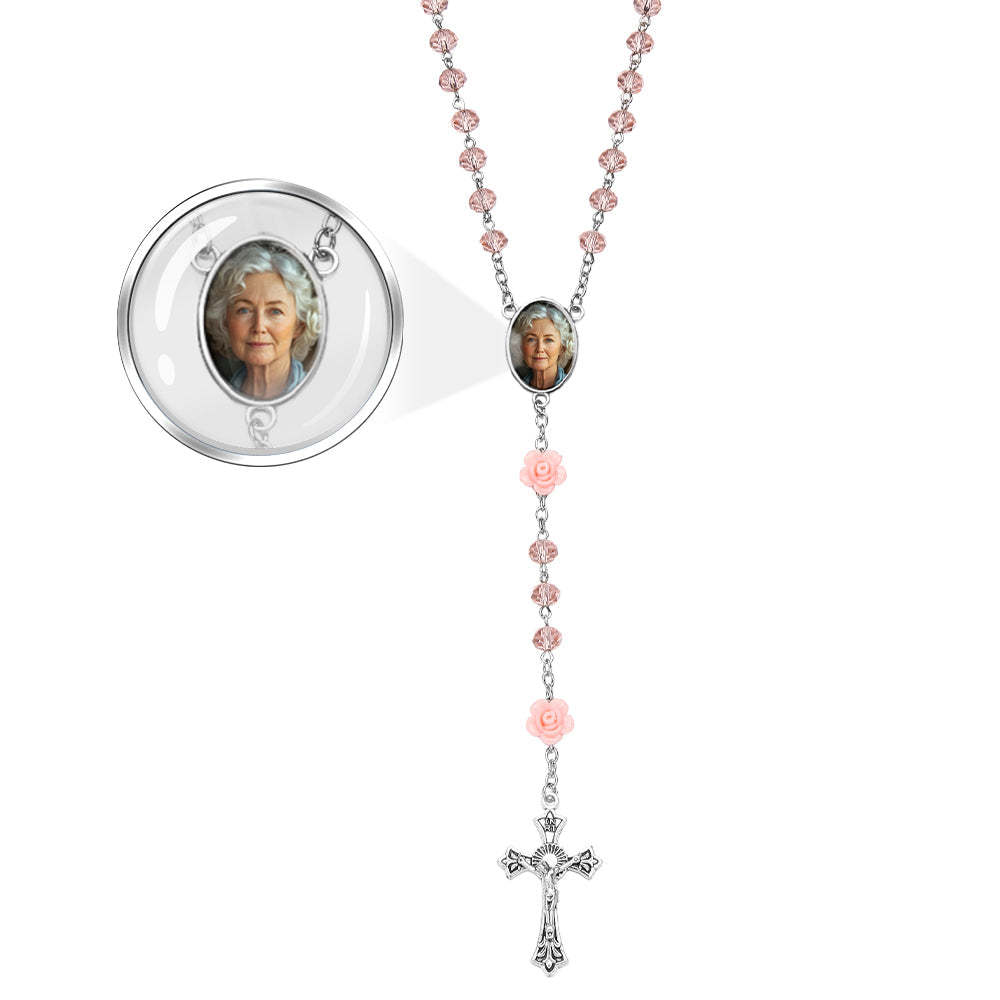Custom Rosary Beads Cross Necklace Personalized Hip-Hop Style Multi-Color Crystal Necklace with Photo - Myphotowallet