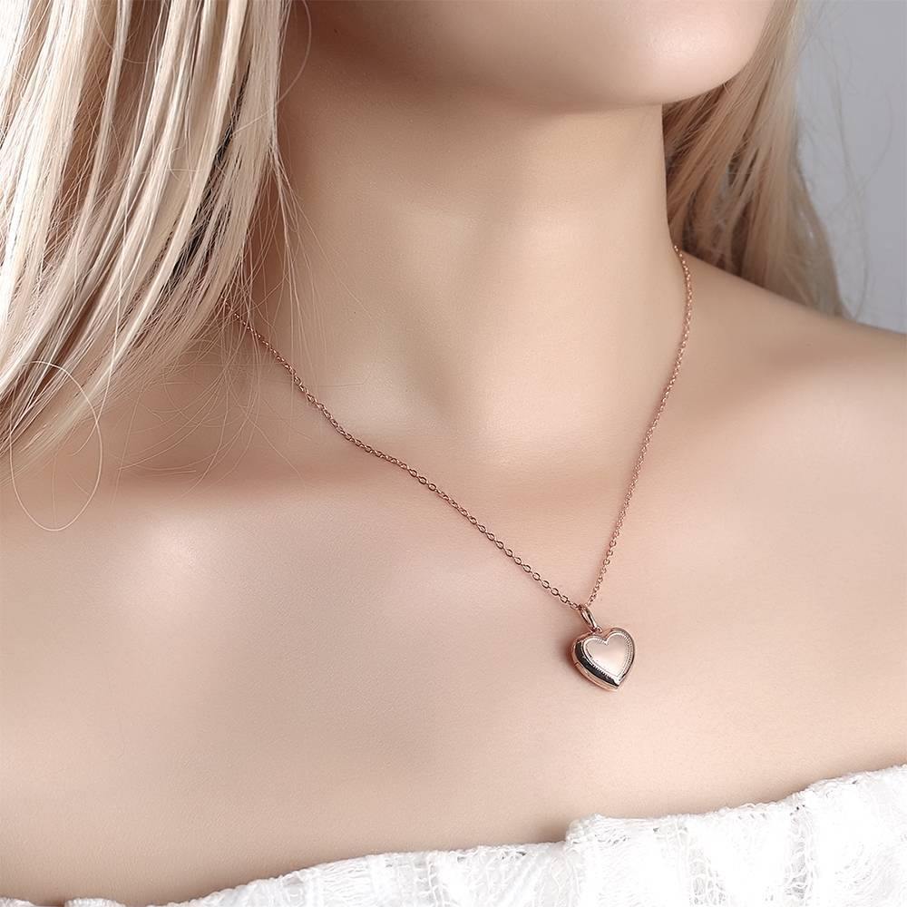 Heart Printing Photo Locket Necklace With Engraving Rose Gold Plated