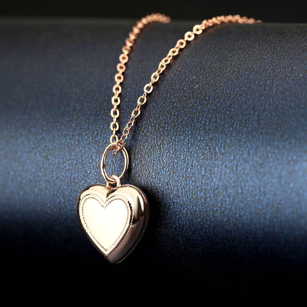 Heart Printing Photo Locket Necklace With Engraving Rose Gold Plated