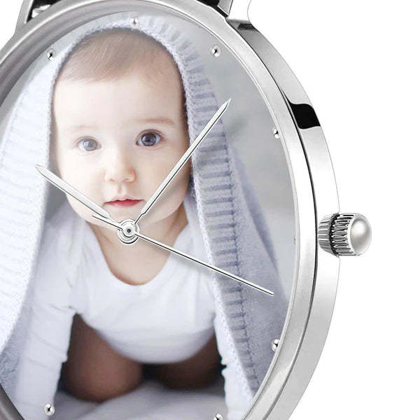 Personalized Engraved Watch, Photo Watch With Black Leather Strap