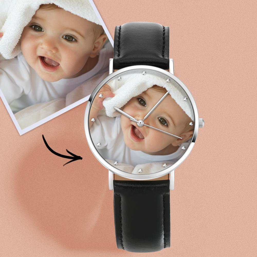 Personalized Engraved Watch, Photo Watch With Black Leather Strap