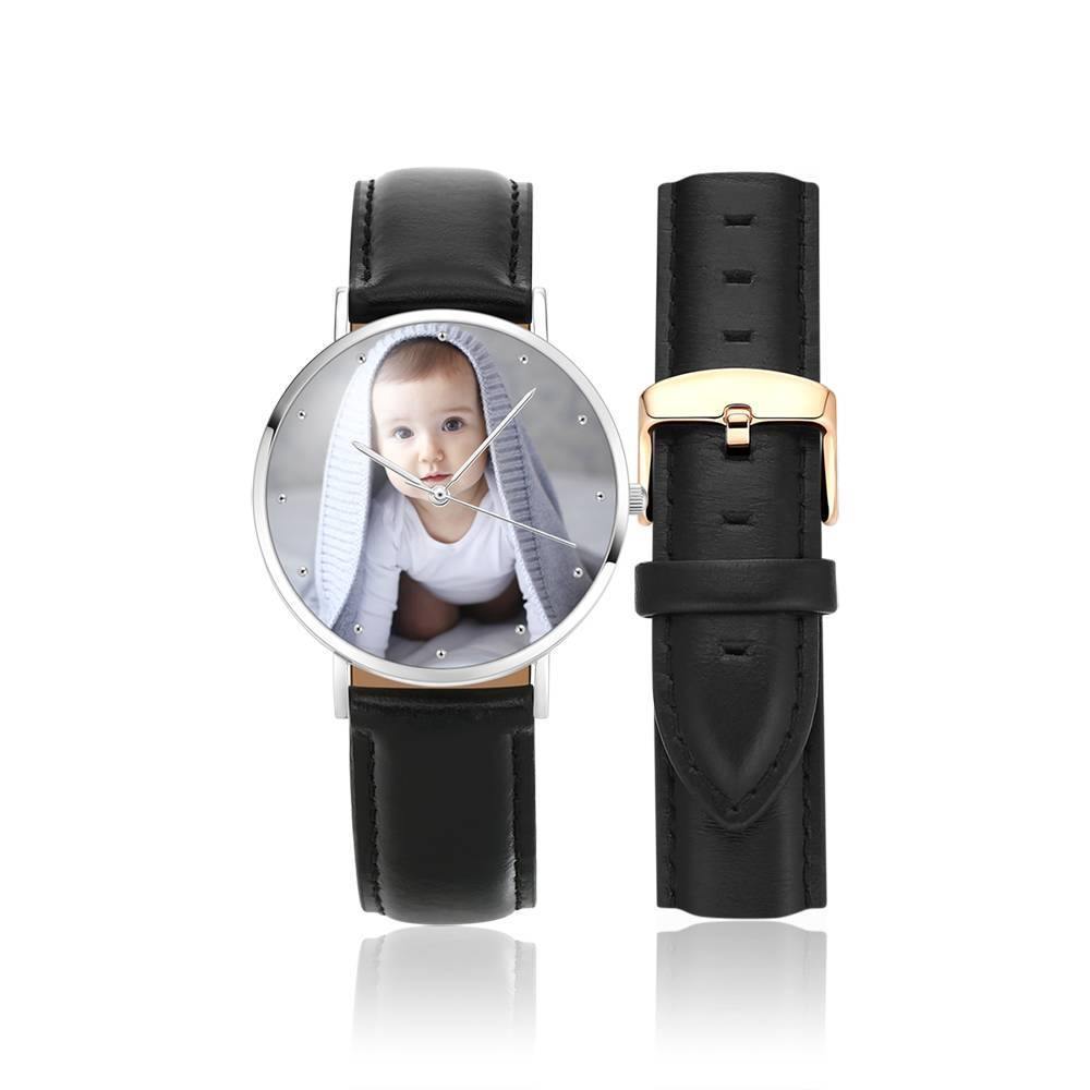 Father's Day Gift - Personalized Engraved Watch, Photo Watch With Black Leather Strap 40mm - photowatch