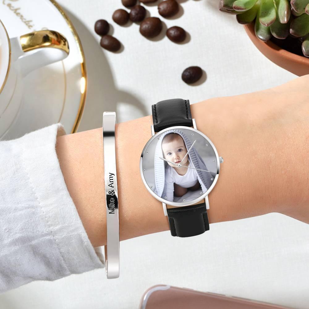 Father's Day Gift - Personalized Engraved Watch, Photo Watch With Black Leather Strap 40mm - photowatch