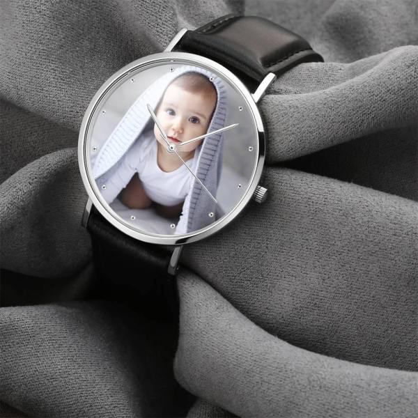 Father's Day Gift - Personalized Engraved Watch, Photo Watch With Black Leather Strap 40mm - photowatch