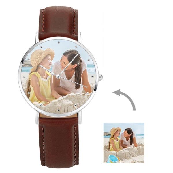 Men's Engraved Photo Watch Brown Leather Strap 40mm - photowatch