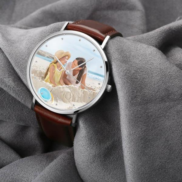 Men's Engraved Photo Watch Brown Leather Strap 40mm - photowatch