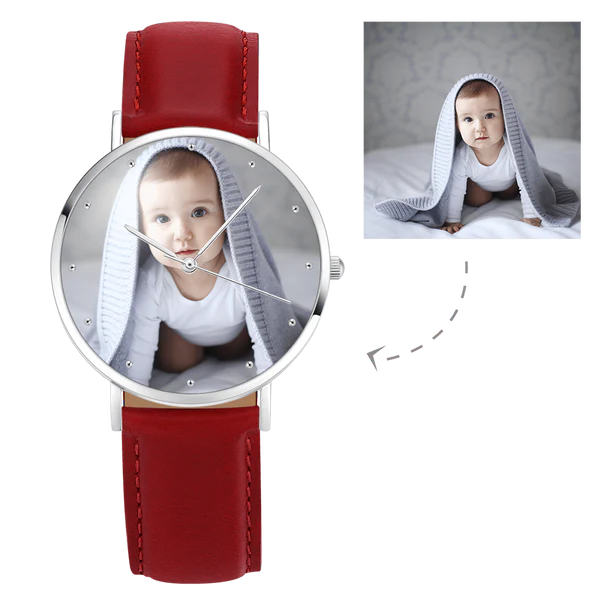 Personalized Engraved Watch, Photo Watch With Black Leather Strap