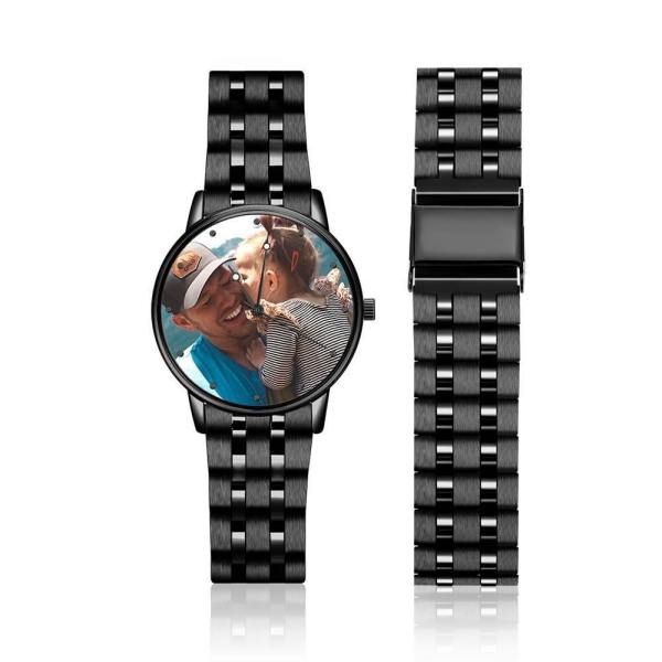Men's Engraved Black Alloy Bracelet Photo Watch 38mm - photowatch