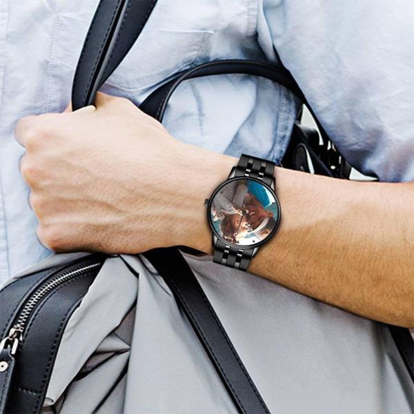 Men's Engraved Black Alloy Bracelet Photo Watch 38mm - photowatch