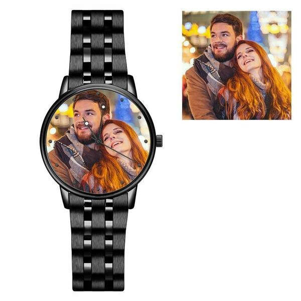 Men's Engraved Black Alloy Bracelet Photo Watch 38mm Anniversary Gifts