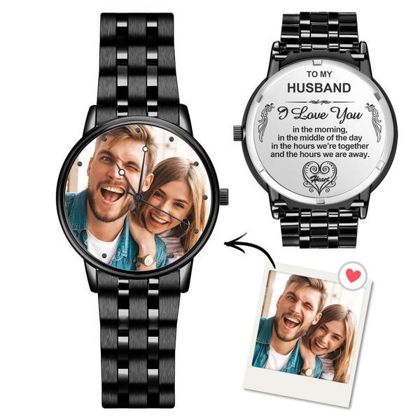 Engraved Men's Black Alloy Bracelet Photo Watch 38mm To My Husband I Love You Anniversary Gift
