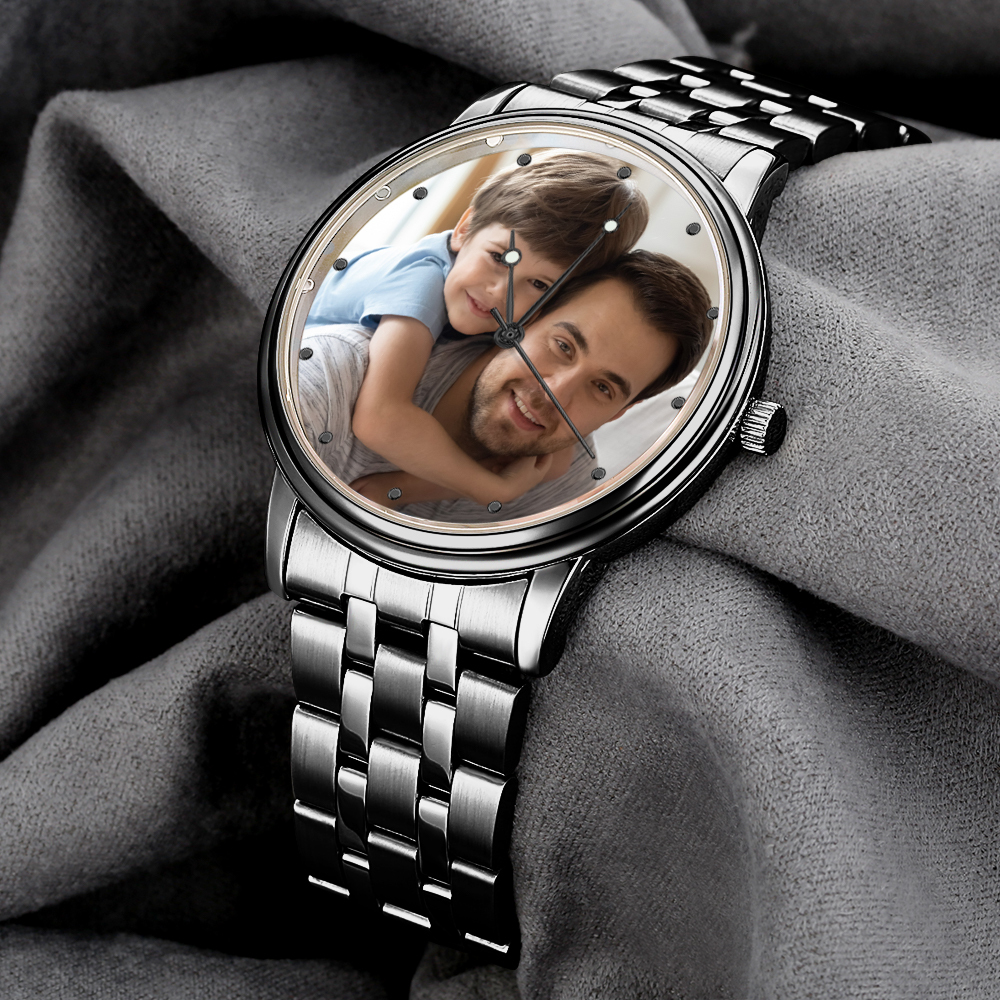 Custom Photo Watch Men's Black Alloy Bracelet Holding Hands Engraved Name Watch Father's Day Gift For Dad - soufeelus