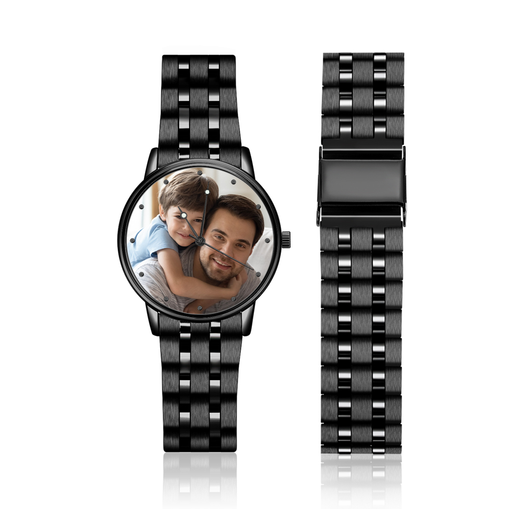 Custom Photo Watch Men's Black Alloy Bracelet Holding Hands Engraved Name Watch Father's Day Gift For Dad - soufeelus