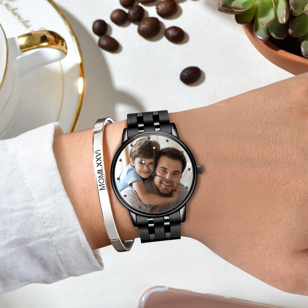 Custom Photo Watch Men's Black Alloy Bracelet Holding Hands Engraved Name Watch Father's Day Gift For Dad - soufeelus