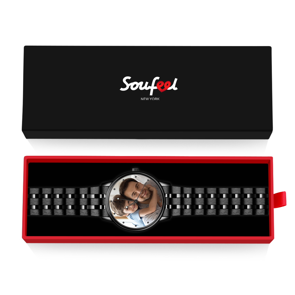 Custom Photo Watch Men's Black Alloy Bracelet Holding Hands Engraved Name Watch Father's Day Gift For Dad - soufeelus