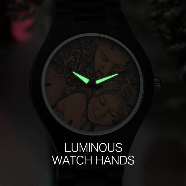 Men's Engraved Wooden Photo Watch All Black Ebony 45mm - photowatch